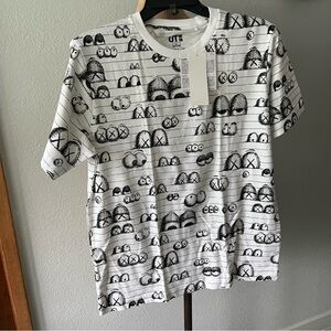 NEW KAWS x UNIQLO 2016 sz L White AOP Tee XX Eye Balls Short Sleeve Tshirt